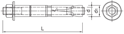 Анкер распорный оцинкованный R-SPL-II-P Rawlplug с шестигранной гайкой, чертёж