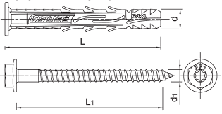 Дюбель рамный фасадный R-FF1-N-K с оцинкованным шурупом с шестигранной головкой, размеры