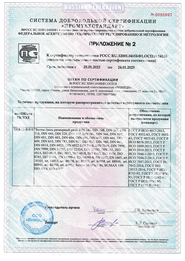 Приложение 2 к сертификату соответствия 16136 на болты